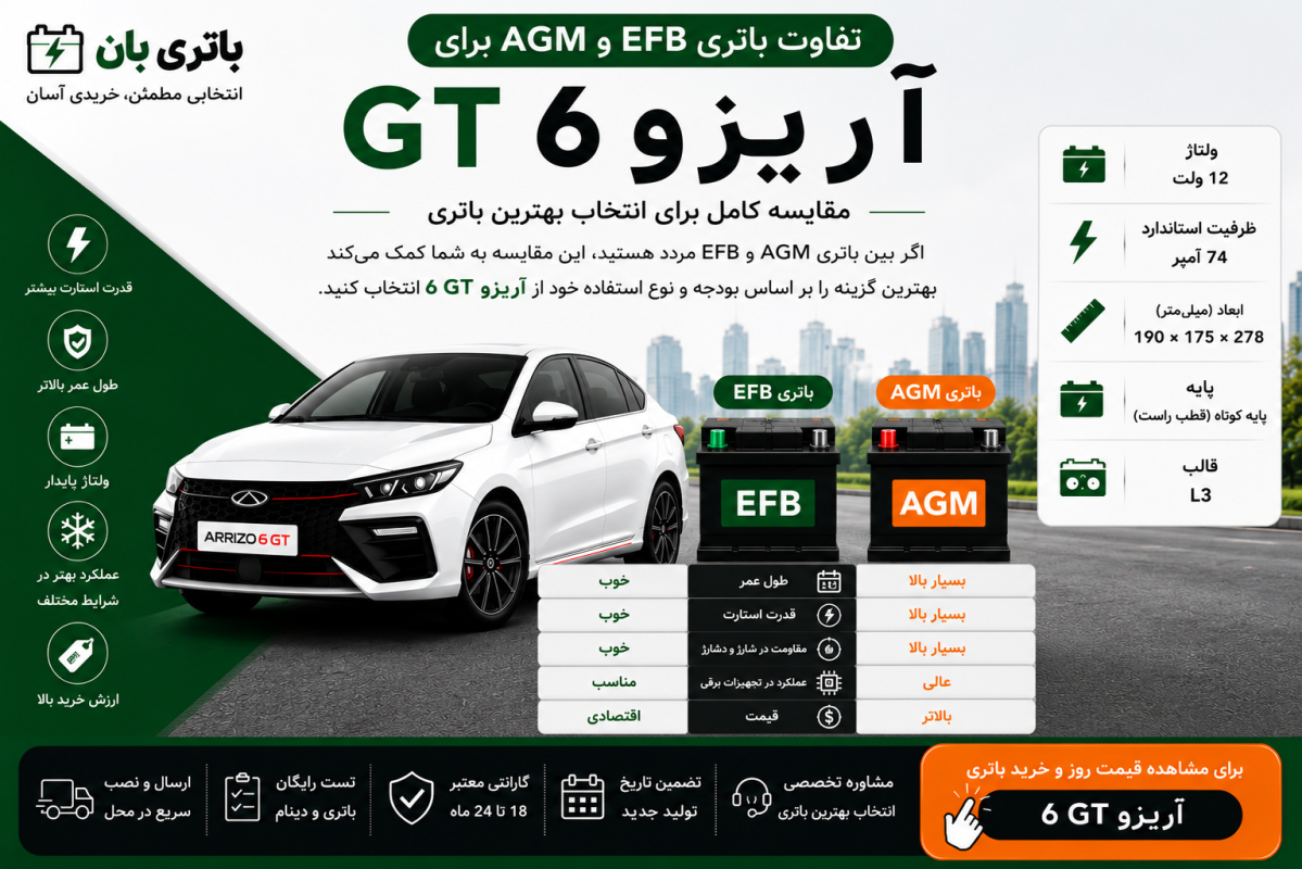 تفاوت باتری agm و efb آریزو 6 جی تی