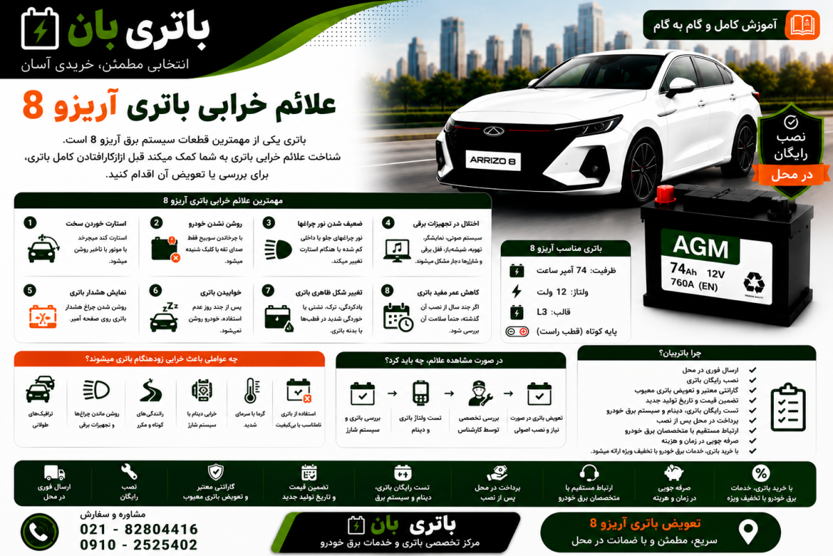 علائم خرابی باتری آریزو 8